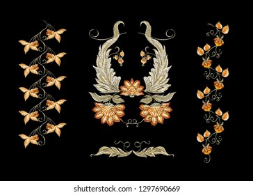 Floral decorative elements in jacobean embroidery style, fantasy floral pattern, vintage, old, retro style.  Embroidery imitation. Vector illustration.