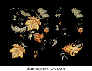 Floral decorative elements in jacobean embroidery style, fantasy floral pattern, vintage, old, retro style.  Embroidery imitation. Vector illustration.