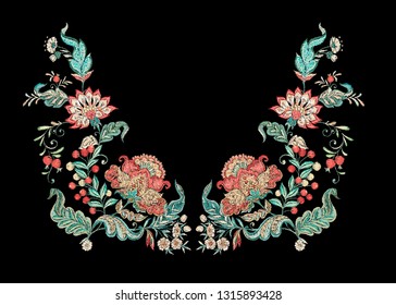 Floral decorative elements in jacobean embroidery style, fantasy floral pattern, vintage, old, retro style.  Embroidery imitation for neck line. Vector illustration.