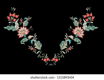 Floral decorative elements in jacobean embroidery style, fantasy floral pattern, vintage, old, retro style.  Embroidery imitation for neck line. Vector illustration.