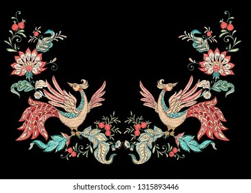 Floral decorative elements in jacobean embroidery style, fantasy floral pattern with bird, vintage, old, retro style.  Embroidery imitation for neck line. Vector illustration.