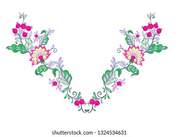 Floral decorative elements in jacobean embroidery style, fantasy floral pattern, vintage, old, retro style.  Good for embroidery application for neck line. Vector illustration.