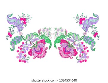 Floral decorative elements in jacobean embroidery style, fantasy floral pattern, vintage, old, retro style.  Good for embroidery application for neck line. Vector illustration.