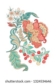 Floral decorative elements in jacobean embroidery style, fantasy floral pattern, vintage, old, retro style. Isolated on white background. Vector illustration.