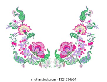 Floral decorative elements in jacobean embroidery style, fantasy floral pattern, vintage, old, retro style.  Good for embroidery application for neck line. Vector illustration.