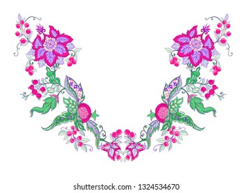 Floral decorative elements in jacobean embroidery style, fantasy floral pattern, vintage, old, retro style.  Good for embroidery application for neck line. Vector illustration.