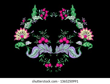 Floral decorative elements in jacobean embroidery style, fantasy floral pattern, vintage, old, retro style.  Embroidery imitation for neck line. Vector illustration.