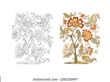 Floral decorative elements in jacobean embroidery style, fantasy floral pattern, vintage, old, retro style. Isolated on white background. Colored and outline design. Vector illustration.