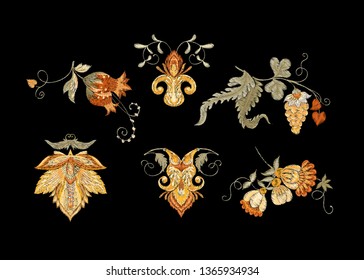 Floral decorative elements in jacobean embroidery style, fantasy floral pattern, vintage, old, retro style.  Good for embroidery application for neck line. Vector illustration.