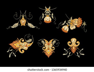 Floral decorative elements in jacobean embroidery style, fantasy floral pattern, vintage, old, retro style.  Good for embroidery application for neck line. Vector illustration.