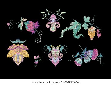 Floral decorative elements in jacobean embroidery style, fantasy floral pattern, vintage, old, retro style.  Good for embroidery application for neck line. Vector illustration.