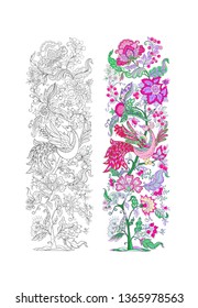 Floral decorative elements in jacobean embroidery style, fantasy floral pattern, vintage, old, retro style. Isolated on white background. Colored and outline design. Vector illustration.