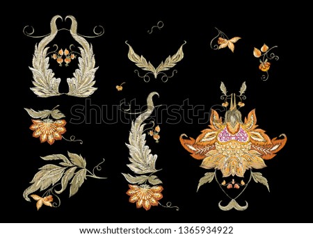 Floral decorative elements in jacobean embroidery style, fantasy floral pattern, vintage, old, retro style.  Good for embroidery application for neck line. Vector illustration.