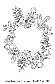 Floral decorative frame with forest tree brunches and leaves. Hand drawn illustration. Vector