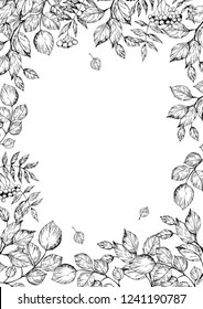 Floral decorative frame with forest tree brunches and leaves. Hand drawn illustration. Vector