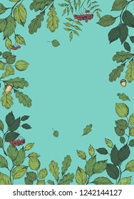Floral decorative frame with forest tree brunches and leaves. Hand drawn illustration. Vector