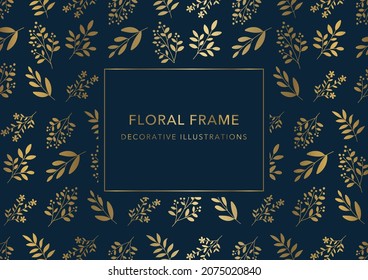 Floral Decorative Frame, Golden Plant Illustrations on Navy Background