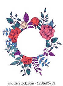 Floral decorative frame with peonies and leaves. Vector illustration