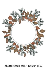 Floral decorative frame with pine spruces, cones and leaves. Hand drawn illustration. Vector. Isolater