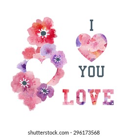 Floral Decorative Graphic with Pink Watercolor Flowers. Vector Design Elements for Fashion, T-Shirt, Cards and Other Uses. Love, Quote, Heart Illustration.