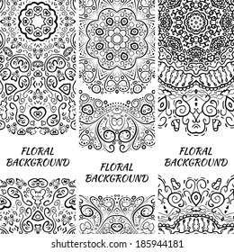 Floral decorative headers. Vector illustration for your cute feminine romantic design. Black element on white background. Border and frame. Oriental rug napkin. Abstract pattern.
