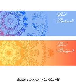 Floral decorative headers. Vector illustration for  romantic design. Colorful element on blue and orange background. Abstract pattern.