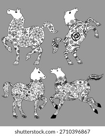 Conjunto de Vetor de Cavalos Decorativos Florais
