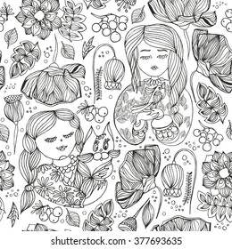 Floral decorative monochrome seamless pattern. Adult anti stress coloring page. Vector illustration with girls, cat, bird, flowers and leaves