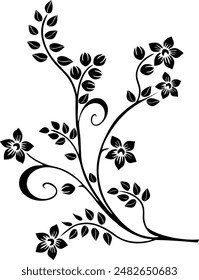 Floral decorative ornament on a white background. A pattern of flowers, leaves, curls. Silhouette of a decorative bouquet.
