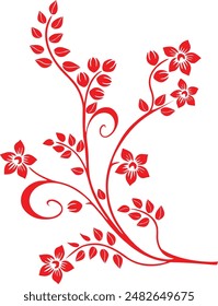 Floral decorative ornament in red on a white background. A pattern of flowers, leaves, curls. Silhouette of a decorative bouquet.