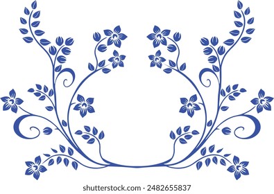 Floral decorative ornament in royal blue on a white background