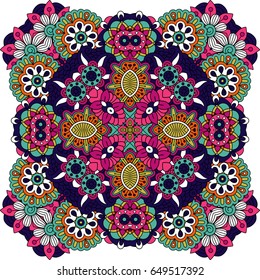 Floral decorative ornamental badge with flowers and leaves in violet and pink bright colors. Vector illustration
