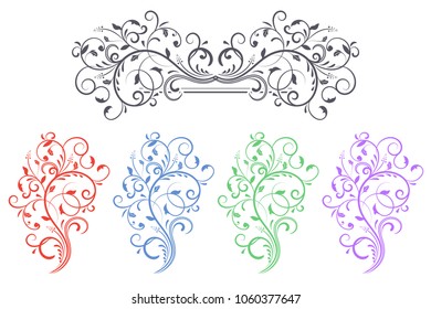 Floral decorative ornaments. Set of colored flower branches. Vector illustration isolated on white background
