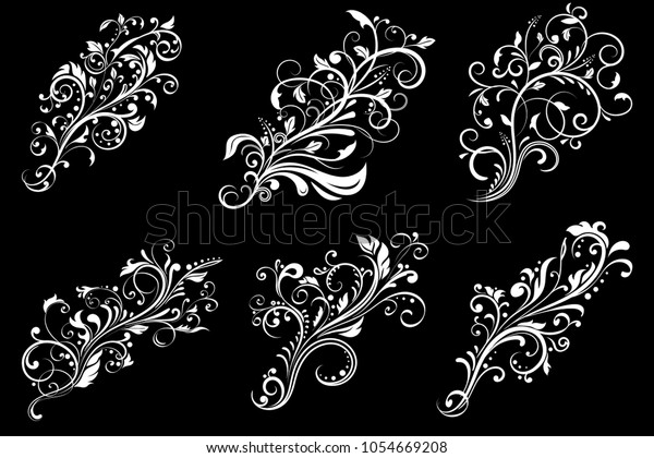 Floral decorative ornaments. White\
flower branches on black background. Vector\
illustration