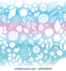 Floral decorative pattern with birds on gradient background. Can be used for cards, invitations, fabrics, wallpapers, ornamental template for design and decoration.