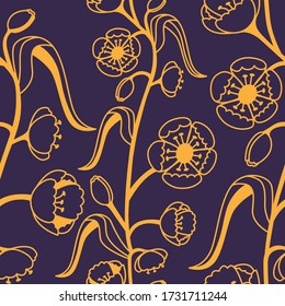 Floral decorative pattern. Maquis. Seamless gold pattern on a purple background