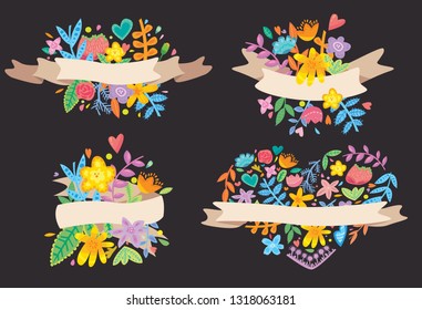 Floral decorative ribbons - poster, invitation card, banner decoration element with cute flowers in flat style