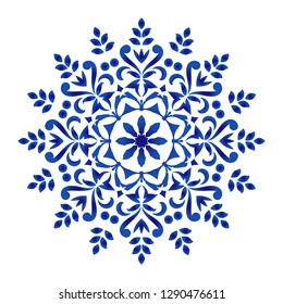 floral decorative round mandala, Circular ceramic ornament, blue and white pottery background, porcelain flower decor vector illustration