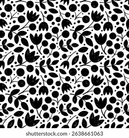 Floral decorative seamless pattern with crayon drawn flowers, branches, leaves and berries. Doodle abstract ethnic flowers. Vector botanical wrapping paper. Decorative plants with pencil texture.
