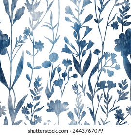 Floral decorative seamless pattern, Denim floral wallpaper. Blue Jeans background with flowers, leaves and branches. vector grunge texture.