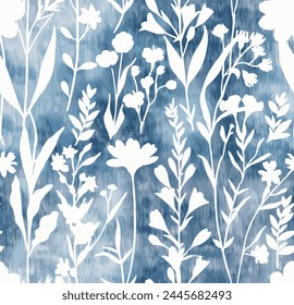 Floral decorative seamless pattern, Denim floral wallpaper. Blue Jeans background with flowers, leaves and branches. vector grunge texture. Wildflowers pattern on denim textured