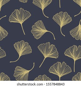 Floral decorative seamless pattern with golden ginkgo biloba leaves on grey background. Can be used for wallpaper, pattern fills, textile, web page, surface, textures. Vector Eps 10