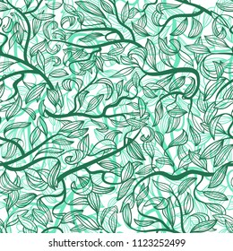 Floral decorative seamless pattern with leaves. Background with tree branches with doodle leaf. Vector illustration for vector design.