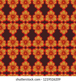 Floral decorative seamless pattern in red, yellow and orange hues on the mute dark background, vector as a fabric texture