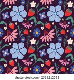 Floral decorative seamless pattern with strawberries and flowers, summer wallpaper, ornamental background