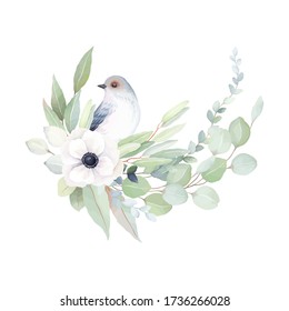 Floral decorative tender design with grey-blue bird, flower anemone and green branches of leaves. Vector illustration in vintage watercolor style for invitation card, wedding, greeting, decor.