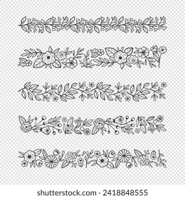Floral decorative text dividers. Hand drawn botanical vector illustration. For greeting cards, wedding invitations, label design... Black and white floral borders.
