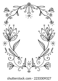Floral decorative traditional border. Frame from swirls and flowers. Vector art. Doodles.