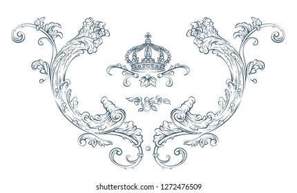 Floral decorative vector elements with crown, rococo and baroque style
