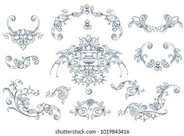 Floral Decorative Vector Elements Set, Rococo And Baroque Style